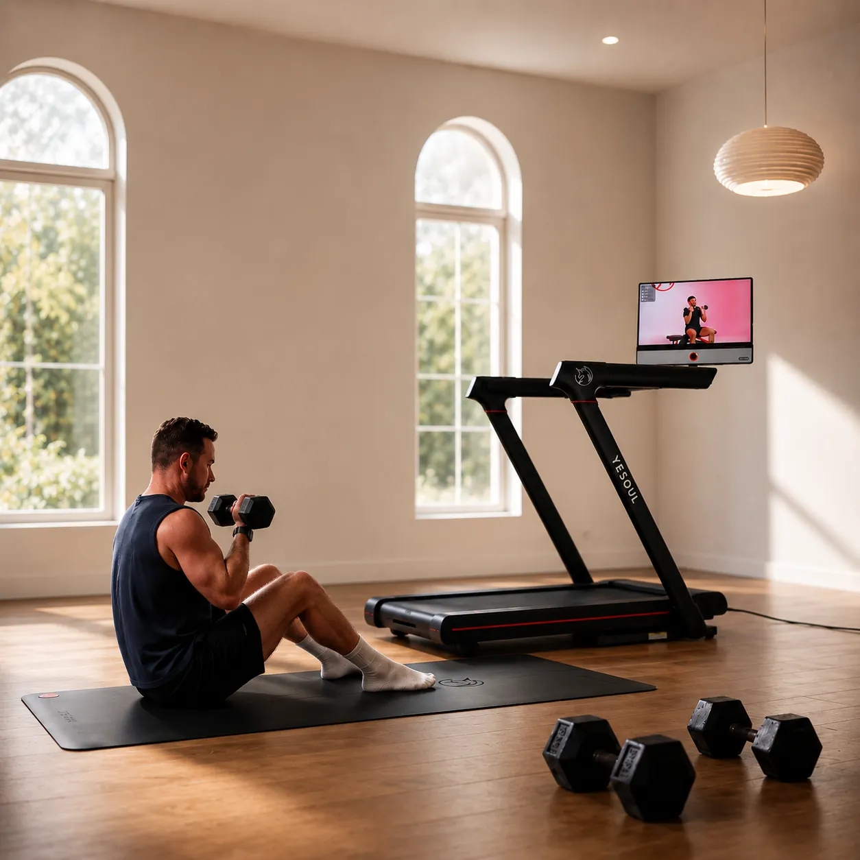 Man doing dumbbell exercises in front of the rotated screen